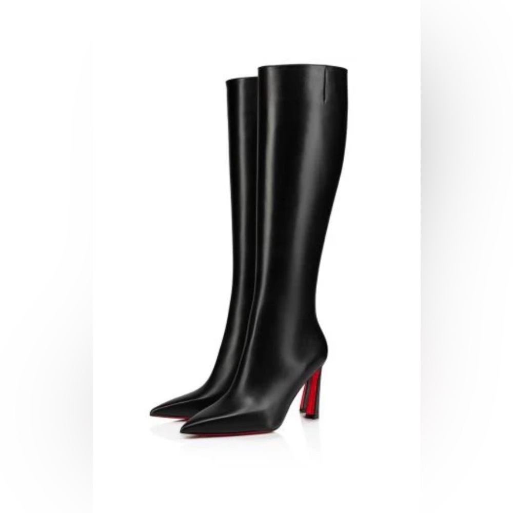 Red Sole Style 85mm Black Leather Heeled Boots, Size 38